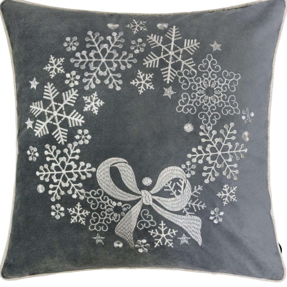 Homey COZY Embroidery Gray Wreath Velvet Throw Pillow, Christmas, 20" Cover Only